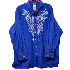 Bob Mackie Button Up LS Shirt Embroidered Rose Sequin Size 2X Blue Rodeo Boho